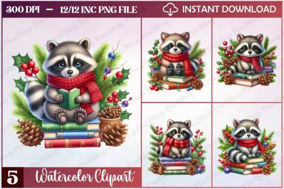 Christmas Cute Raccoon Clipart Illustrations