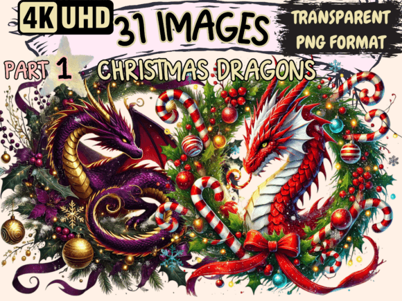 Christmas Dragons Clipart P1: Festive Illustrations for Crafters