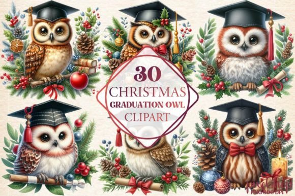 Christmas Graduation Owl Clipart for Modern Illustrations