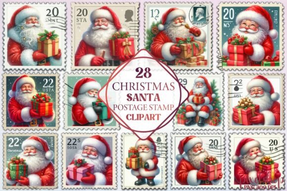 Christmas Santa Postage Stamp Clipart for Illustrations