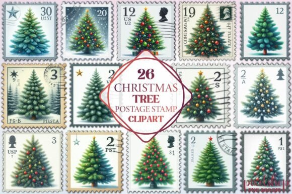 Christmas Tree Postage Stamp Clipart for Brand Illustrations