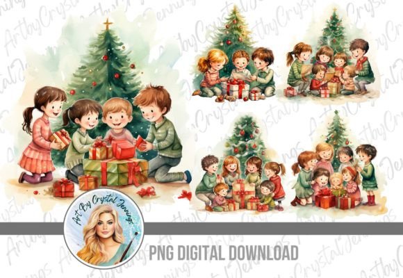 Kids by Christmas Tree Opening Gifts PNG Illustrations Review