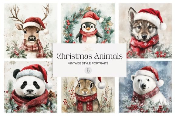 Vintage Christmas Animal Digital Papers for Illustrations and Branding