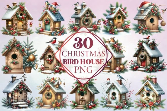 Watercolor Christmas Bird House Clipart: Seasonal Illustrations for Crafters