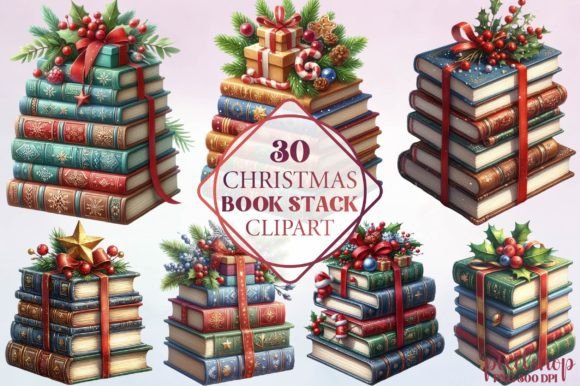 Watercolor Christmas Book Stack Clipart for Illustrations