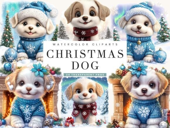 Watercolor Christmas Dog Clipart Bundle