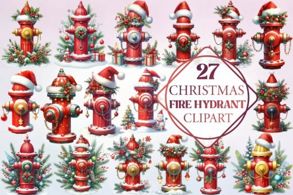 Watercolor Christmas Fire Hydrant Illustrations