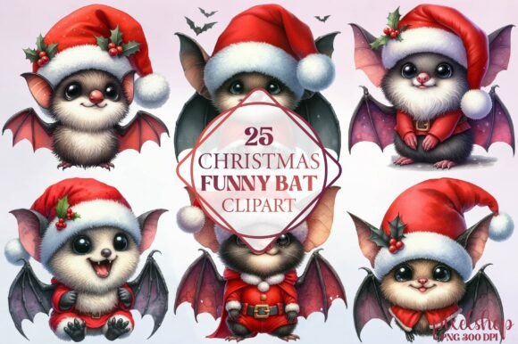 Watercolor Christmas Funny Bat Clipart