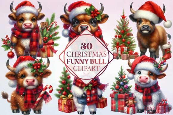 Watercolor Christmas Funny Bull Clipart