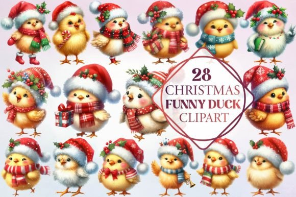 Watercolor Christmas Funny Duck Clipart for Illustrations