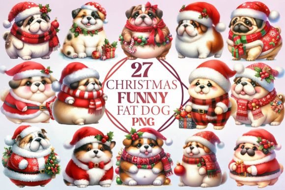 Watercolor Christmas Funny Fat Dog