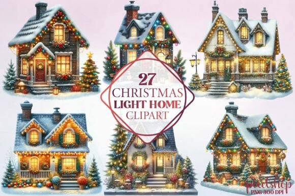Watercolor Christmas Light Home Clipart