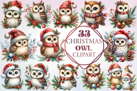 Watercolor Christmas Owl Clipart for Modern Illustrations