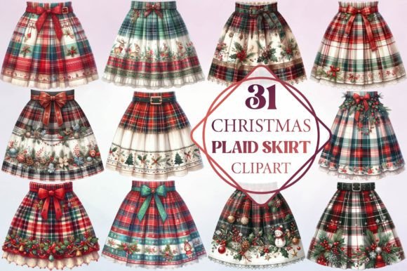 Watercolor Christmas Plaid Skirt Clipart for Illustrations