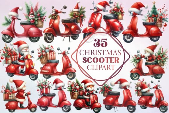 Watercolor Christmas Scooter Clipart