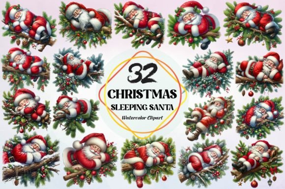 Watercolor Christmas Sleeping Santa Illustrations