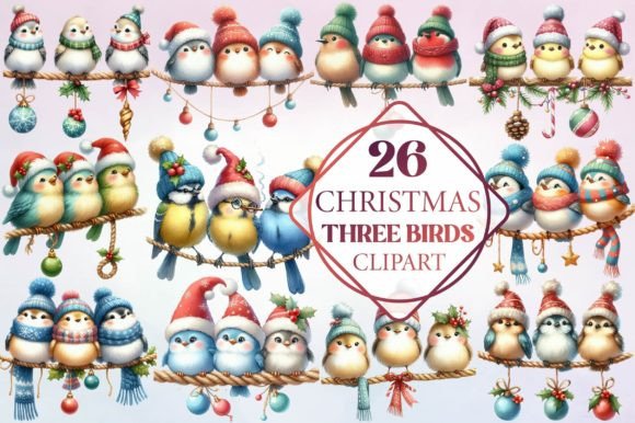 Watercolor Christmas Three Birds Clipart